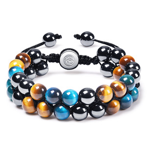 Bracelet en pierre d'oeil de tigre de 8mm pour hommes bijoux tissés à <span class=keywords><strong>la</strong></span> main Double couche réglable anxiété guérison pierre précieuse hématite Bracelet perlé - Product Image 5