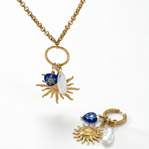 Conjunto de Joyería de Acero Inoxidable Chapado en Oro de 18K, Collar y Aretes con Perlas Sol y Luna para Mujer, Regalo para Fiesta - Product Image 1