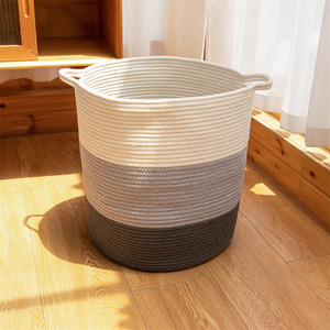 Woven Storage <b>Basket</b> Cotton Rope Round Clothing Organizer <b>Foldable</b> Handle Black Gray White Tones - Product Image 4