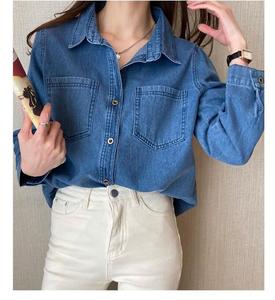 新作春秋ブルーデニムシャツカジュアルコート女性用レディースブラウス＆トップス - Product Image 5