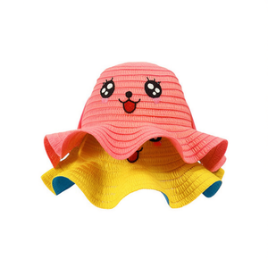 Sombrero de Paja con Borde Ondulado y Cara Sonriente de Dibujos Animados para Niños, Talla Única, Sombrero de Playa, Bordado a Mano con Hierba Natural - Product Image 2