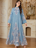Abaya élégante à col montant, imprimé floral numérique, anti-plis, manches longues, style modeste, robe longue kaftan musulmane, tenue de Ramadan et de l'Aïd