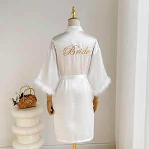 Áo choàng cô dâu Pháp mới 2025 tay dài, tay áo có lông vũ, chất liệu satin gợi cảm, váy cưới, đồ ngủ phù dâu - Product Image 4