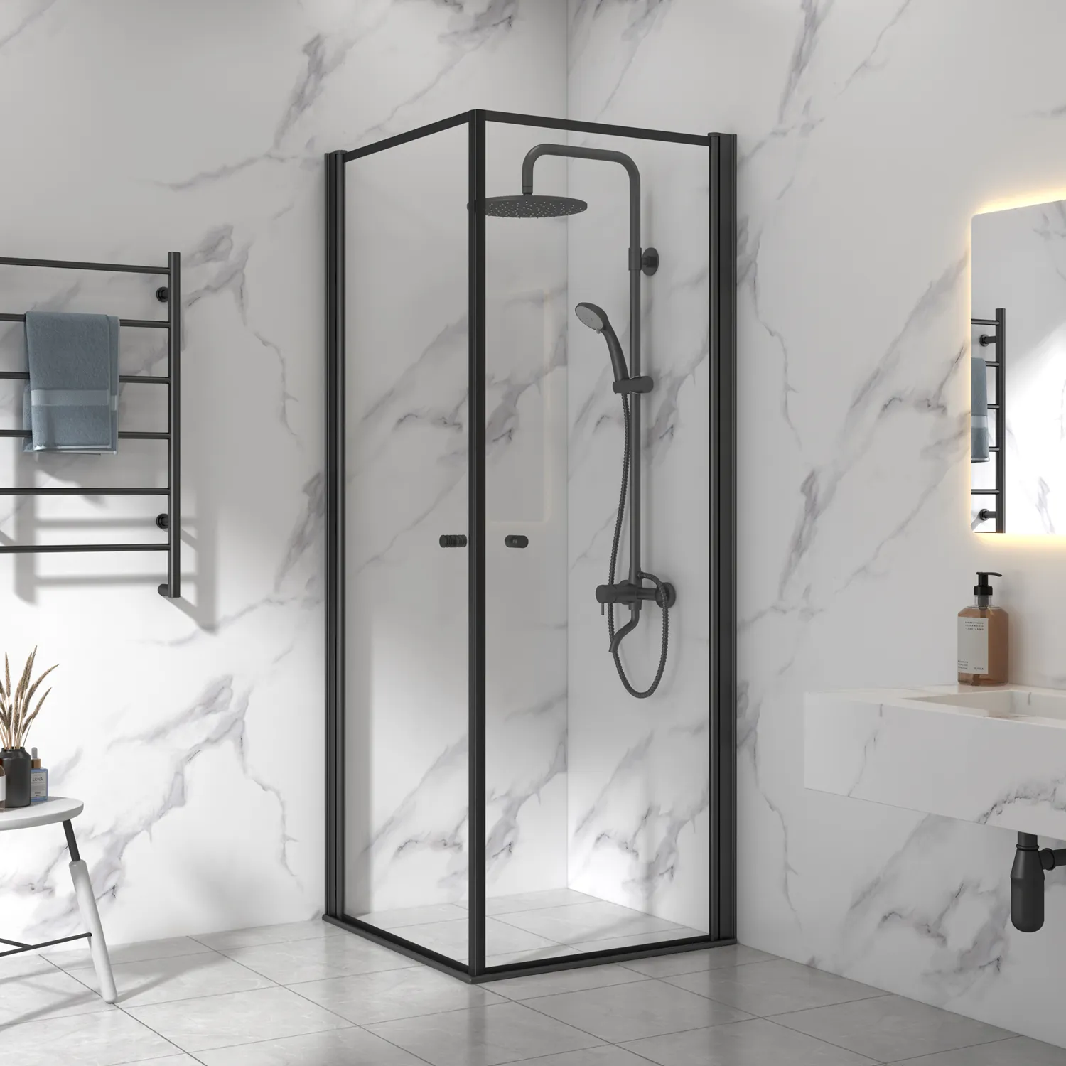 Boîtier moderne de cabine de douche pivotant en forme de L en verre trempé noir mat