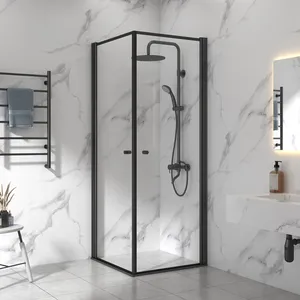 Cabina de ducha pivotante en forma de L de vidrio templado transparente de pie libre negra mate moderna