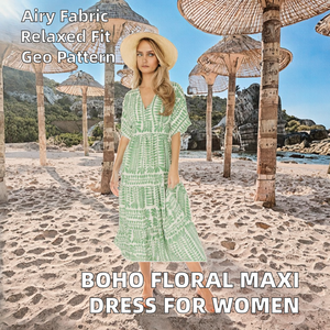 Vestido Maxi Holgado Elegante para Mujer, Estilo Bohemio, Estampado Geométrico, Cuello en V, Manga Corta, Transpirable, Informal - Product Image 2
