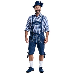 Chemise à carreaux bleu et <span class=keywords><strong>blanc</strong></span> pour homme, broderie bleu foncé, ensemble <span class=keywords><strong>complet</strong></span> Lederhosen, chapeau à plumes, chaussettes blanches, chaussures, tenue bavaroise pour l'Oktoberfest - Product Image 1