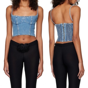 Custom Women Blue Bustier Denim Tank <b>Top</b> Paneled Square Neck Shoulder Straps <b>Cropped</b> Hem Jean Tank <b>Top</b> - Product Image 5