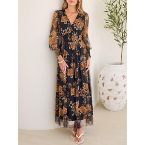 Robe longue florale pour femme, col en V, manches longues bouffantes, coupe trapèze, taille empire en tulle, élégante robe de cocktail - Product Image 4