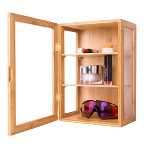 Bamboo Storage Cabinet 3 Tier Desktop Cosmetic Organizer Dustproof Display Case Minimalist Style <b>Makeup</b> Storage <b>Box</b> - Product Image 2