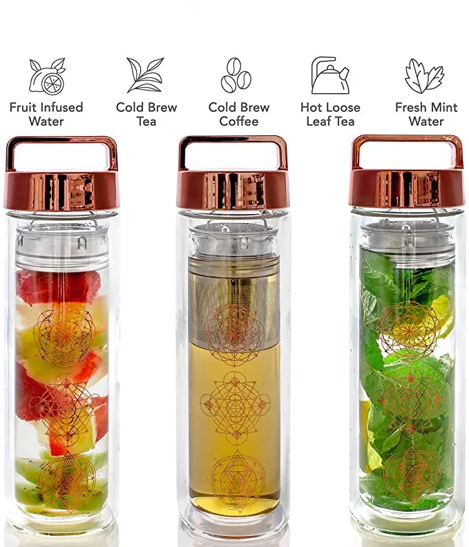 Botella de vidrio aislante de 15 oz y 450 ml, taza de viaje con infusión de agua y frutas, de acero inoxidable