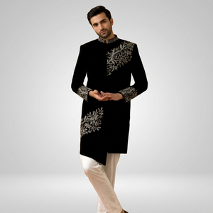 NEW-BEAUTIFUL-EMBROIDERY on GROOM BLACK SHERWANI & WHITE <b>PANT</b> Men's Suits & Blazer>Men's Suits - Product Image 3