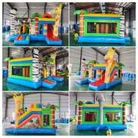 Château gonflable commercial Jungle Safari avec toboggan, piliers zèbre et girafe, pour location événementielle et aire de jeux extérieure