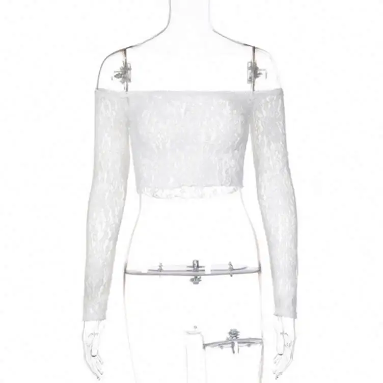 Женская кружевная блузка с открытыми плечами, с длинным рукавом и узором, укороченные женские блузки и рубашки, осенне-2024, женская одежда