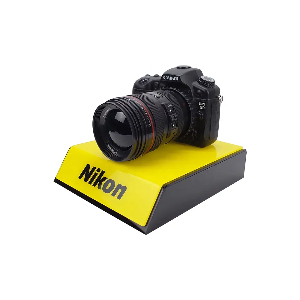 CUSTOMอะคริลิคกล้องขาตั้งจอแสดงผลสีดำและสีเหลืองสำหรับร้านค้าและบ้าน