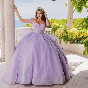 Mumuleo Robe de Quinceanera à paillettes lavande Robe de bal à épaules dénudées Junior Girls Prom Gown Ruffles Vestidos De 15 Anos