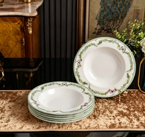 Juego de 6 tazones hondos de cerámica con borde floral de hojas verdes, aptos para servir comida, pasta y más. - Product Image 5