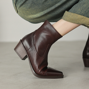 OEM/ODM 2025 New Women's Ankle <strong>Boots</strong> Cowhide Upper Pigskin Lining Non-Slip Rubber Sole 5cm Chunky <strong>Heel</strong> <strong>Brown</strong> CE ROHS Certified - Product Image 3