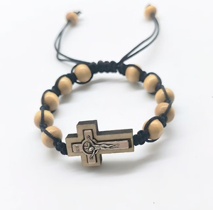 LC202512104 도매 목재 합금 예수 십자가 팔찌 구슬 짠 끈 여성 남성 기독교 종교 묵주 팔찌 - Product Image 3
