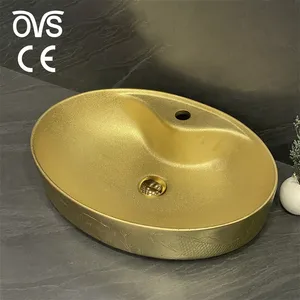 OVS Luxury Royal Ceramic Wash Basin Sink Washbasin Oval Sink Art Basin Gold Plated Wash Basin For Bathroom