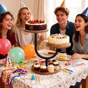 Wooden Three Tier Cake Stand Round Iron Wood Combination <b>Birthday</b> Party Dessert Display Rack Tabletop Storage - Product Image 1