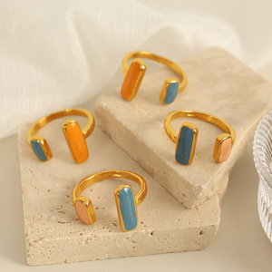 Geometric Drip <b>Ring</b> Gold With Orange Blue Inlay Unisex Fashion Jewelry Gift - Product Image 2