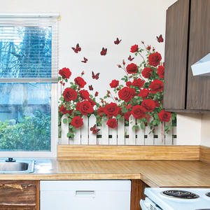 ملصقات جدارية على شكل وردة حمراء، تصنيع ملصقات ثلاثية الأبعاد على شكل فراشات للسياج، ملصقات جدارية مقاومة للماء من البي في سي لغرفة المعيشة والحمام - Product Image 6