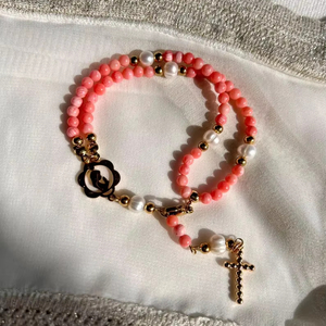 Pulsera De Rosario Católico con cuentas de coral rosa de 4mm para regalo del Día de la madre, pulsera de primera comunión de <span class=keywords><strong>bautizo</strong></span> - Product Image 1