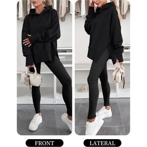FOXA Womens Oversized Hoodie Long Sleeve Fleece Side Slit Pullover Sweatshirt Breathable With <b>Pockets</b> For Fall Y2K Style - Product Image 6
