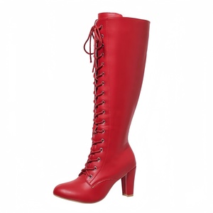 <span class=keywords><strong>Stivali</strong></span> Rossi al Ginocchio da Donna con Lacci, Tacco a Blocco e Cerniera Laterale – Calzature Eleganti per Feste ed Eventi Serale - Product Image 1