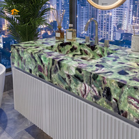 Plan de travail de salle de bain en pierre précieuse, personnalisé, rétroéclairé, en cristal vert translucide, avec lavabo intégré