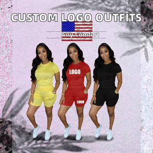 Conjunto de ropa de verano para mujer con camiseta bordada con logotipo personalizado y pantalones cortos de dos piezas a juego para correr - Product Image 3