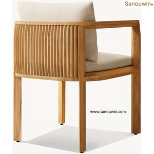 Chaise de salle à manger d'extérieur moderne et durable en teck, dossier ouvert, garniture inclinée, texture verticale saisissante, confort, ensemble de canapés de cour - Product Image 6