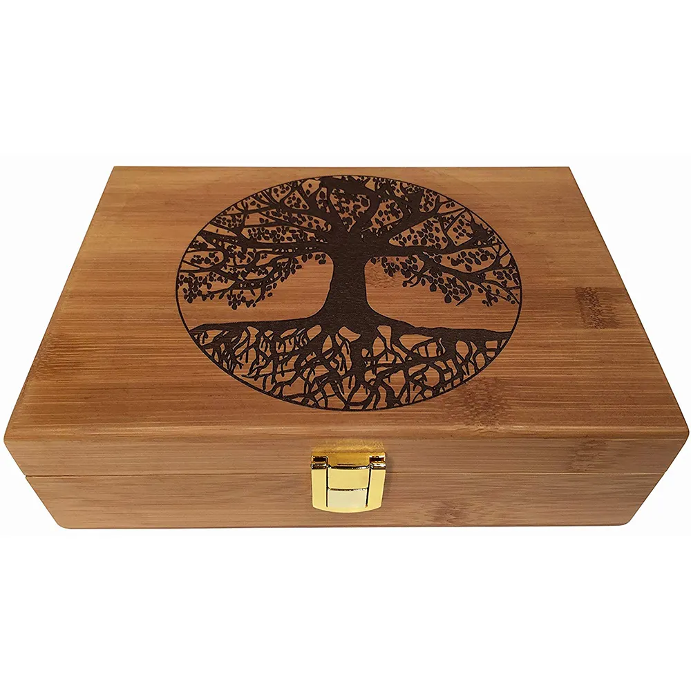 बांस लकड़ी भंडारण बॉक्स उत्कीर्ण पेड़ डिजाइन लकड़ी के बॉक्स Hinged ढक्कन घर सजावटी लकड़ी छिपाने की जगह के साथ बॉक्स