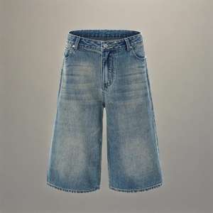 Vente en gros de shorts personnalisés en denim ample à jambe large et taille mi-haute pour hommes, shorts baggy en jean coupe ample, imprimés décontractés vintage légers - Product Image 1