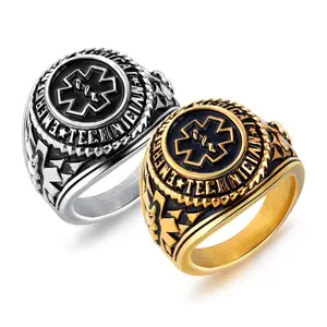2024 Leven Ster Reddingsteam Custom Vintage Ringen Voor Mannen Hoge Kwaliteit Medisch Logo Met Geometrisch Patroon