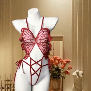 Lingerie sexy, combinaison rouge à motif papillon, décolleté, costume pour femme, jeu de rôle - Product Image 1