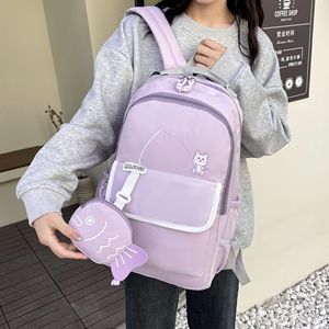 KALUOGE Student Backpack 15 Inches Pink Cartoon Cat Fishing Design For Girls School Education Large Capacity Color Blocking - Product Image 2