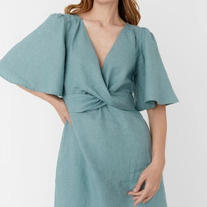 Robe longue en lin de haute qualité, coupe trapèze, manches longues, formelle, pour femme, fabriquée sur mesure par le fabricant - Product Image 4