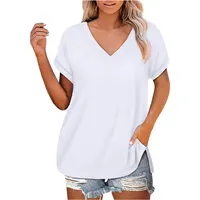 Women Shirt Women OEM Wholesale Plain Women T Shirt Summer Casual V-neck Cotton Side Split Ladies T-Shirt Top