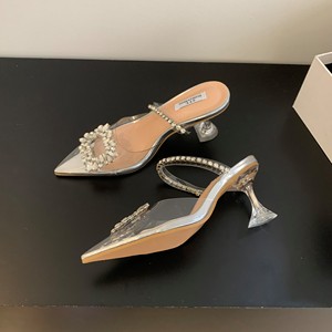 Women's Summer Fashion Crystal Bridal Shoes One Word Belt Sandals High Heels Transparent Rhinestone <b>Half</b> Slippers for Outer Wear - Product Image 5