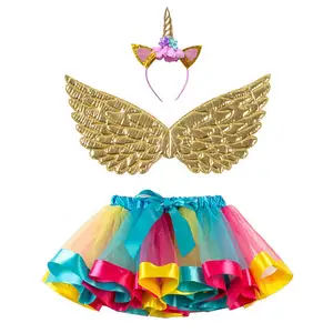 Unicorn Birthday Party Costume Kids Unicorn Horn Headband Cute Fairy Wings and Rainbow Tutu Skirt Set for Girls Halloween