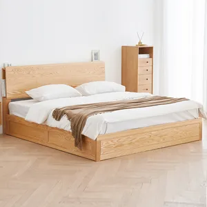 F8013 basit modern katı meşe ahşap çift kişilik yatak tasarımları mobilya kutusu kraliçe ve kral depolama yatağı