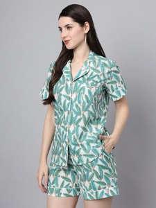 Ensemble pyjama décontracté d'hiver ethnique en coton à imprimé floral, manches courtes, col en V, respirant, doux, séchage rapide, pantalon à boutons ODM - Product Image 5