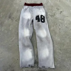 Streetwear High Quality Custom Printing Logo Man Distressed Acid <b>Wash</b> Flared Sweat Pants Men Baggy Double Waisted Sweatpants - Product Image 3