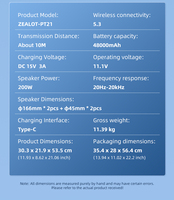 Haut-parleur de fête professionnel PT21-1 200W Super Subwoofer avec batterie 48000mAh, étanche IPX6 et lumière RVB éblouissante