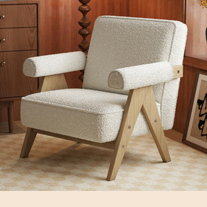 Sillón Chandigarh <span class=keywords><strong>de</strong></span> Madera Maciza Color Crema, Estilo Vintage, con Cubierta <span class=keywords><strong>de</strong></span> Lana <span class=keywords><strong>de</strong></span> Cordero, Esponja, Fácil Montaje, para Sala <span class=keywords><strong>de</strong></span> Estar o Casa <span class=keywords><strong>de</strong></span> Huéspedes - Product Image 1