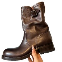 Nouvelle Collection Automne 2026 – Bottes Mi-Mollet Plissées Rétro Artisanales pour Femme, à Semelle Épaisse Antidérapante et Talon Carré, avec Ceinture Décontractée