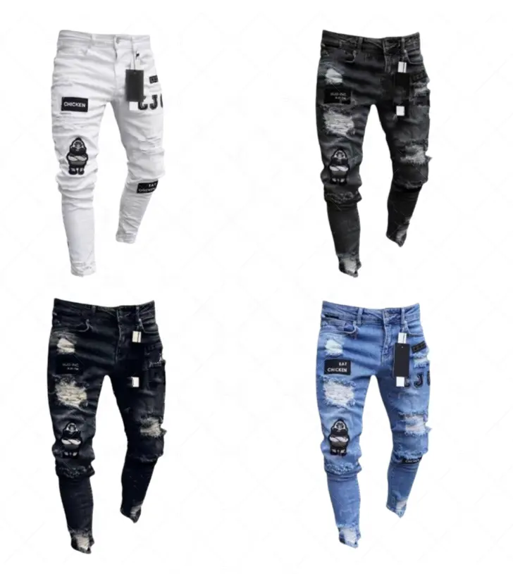 New Italy Style Men's Distressed Destroyed Badge Pants Art Patches Skinny Biker White Jeans Slim Trousers Men Denim Jeans