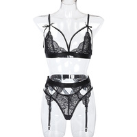 Fournisseurs en Gros Abordables de Lingerie Féminine de Marque Privée : Ensemble Soutien-Gorge, Sous-Vêtements et Nuisette en Dentelle Florale Noire Sexy pour Femme